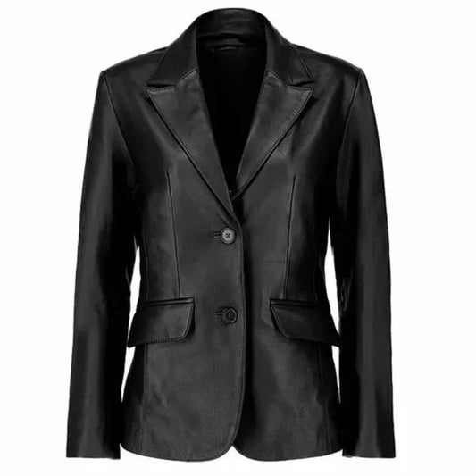 Womens Two Button Black Leather Blazer