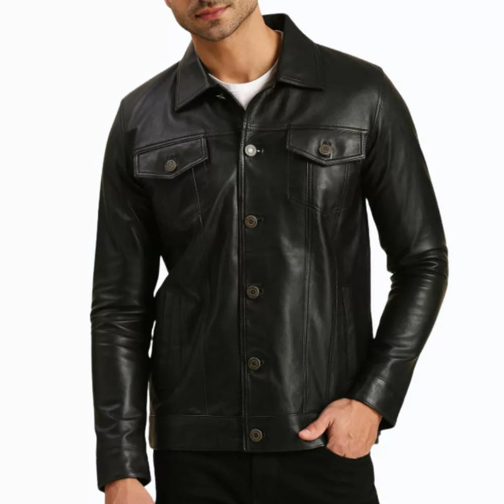 Alex Black Real Leather Trucker Jacket