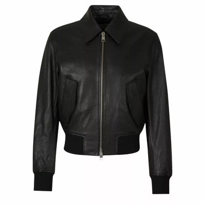 Women’s Black Leather Bomber Moto Jacket