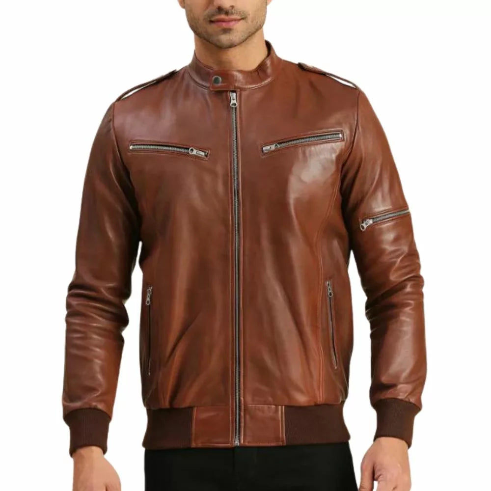 Vintage Brown Leather Bomber Jacket Mens