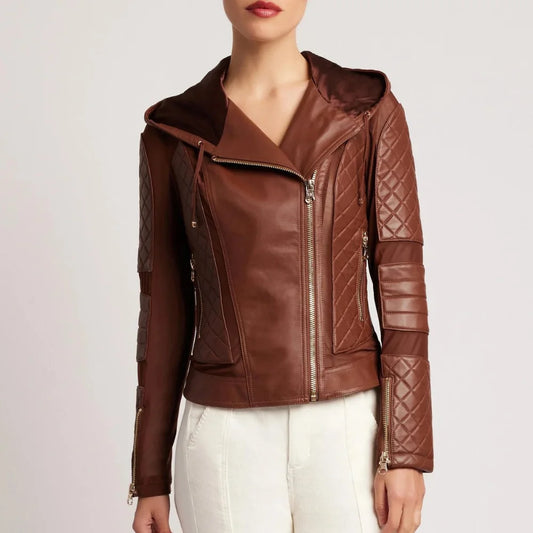 Womens Brown Moto Quilted Hooded Leather Jacket