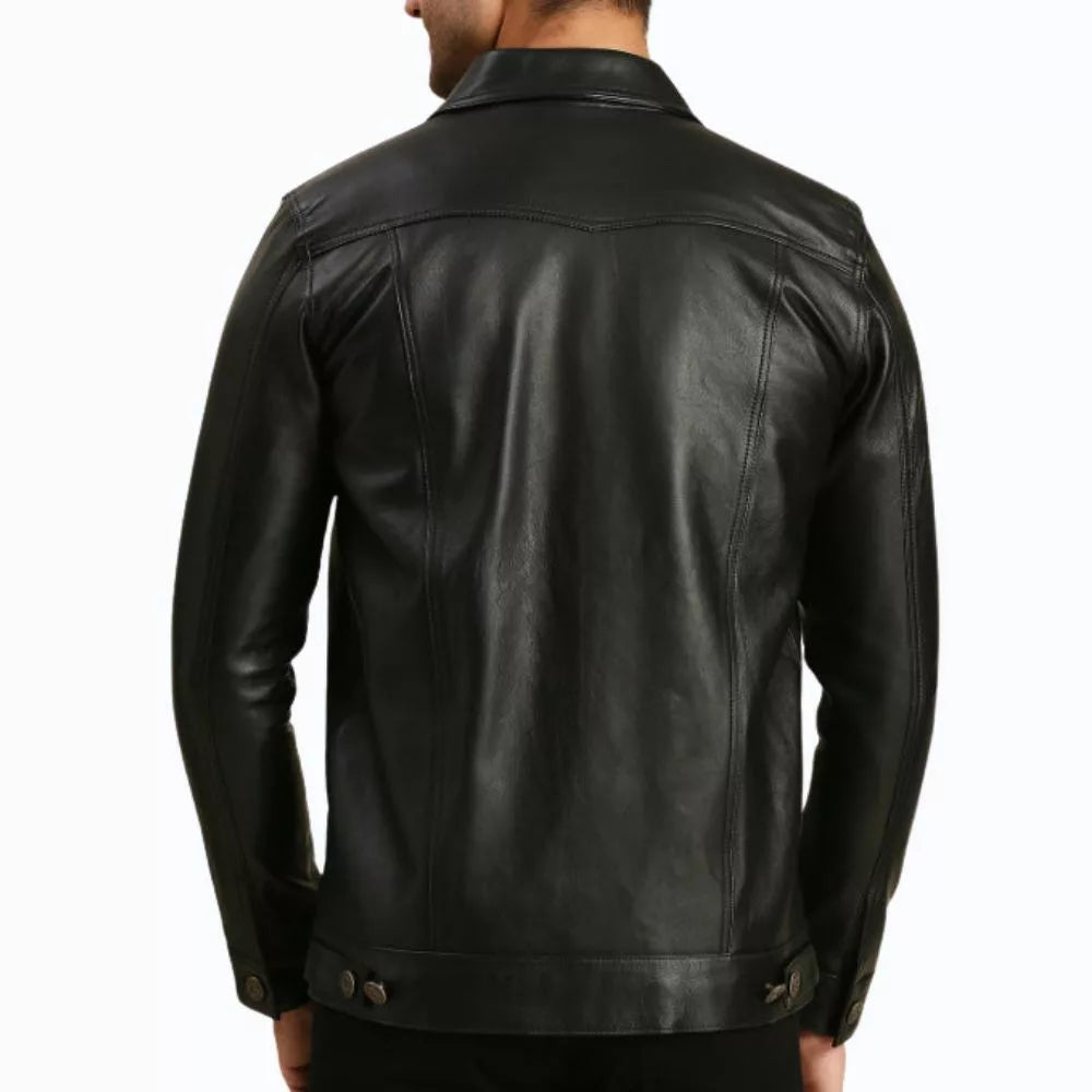 Alex Black Real Leather Trucker Jacket