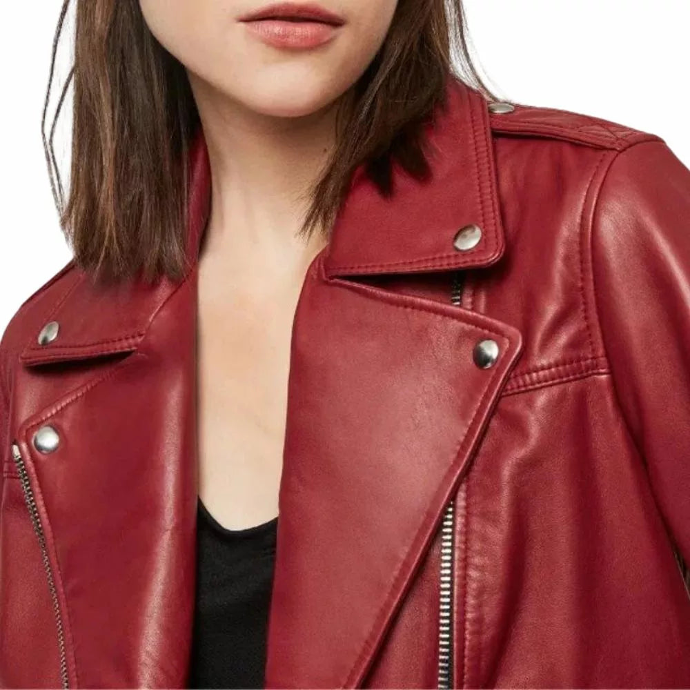 Womens Maroon Genuine Leather Asymmetrical Jacket