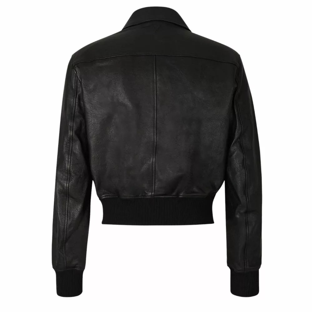 Women’s Black Leather Bomber Moto Jacket