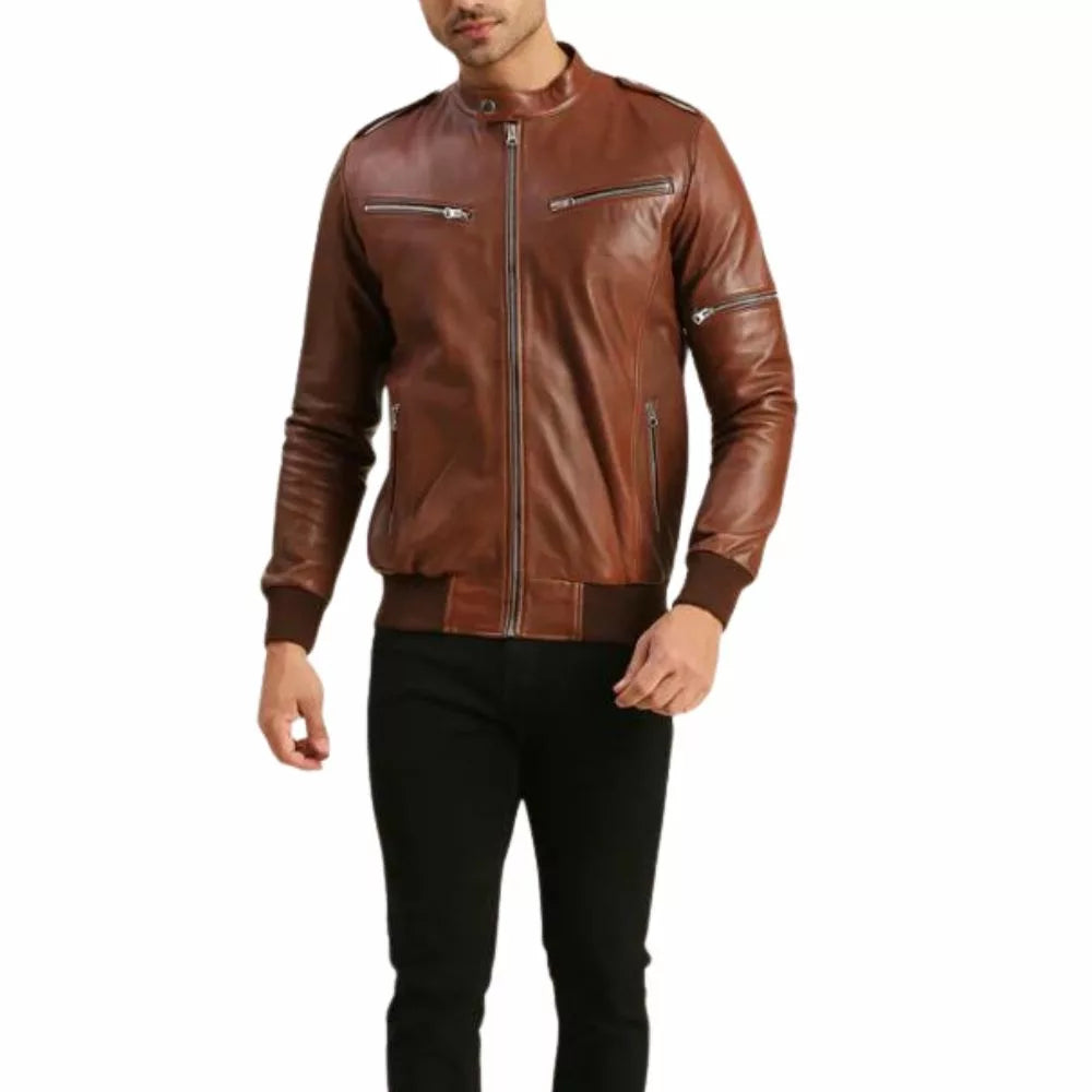 Vintage Brown Leather Bomber Jacket Mens