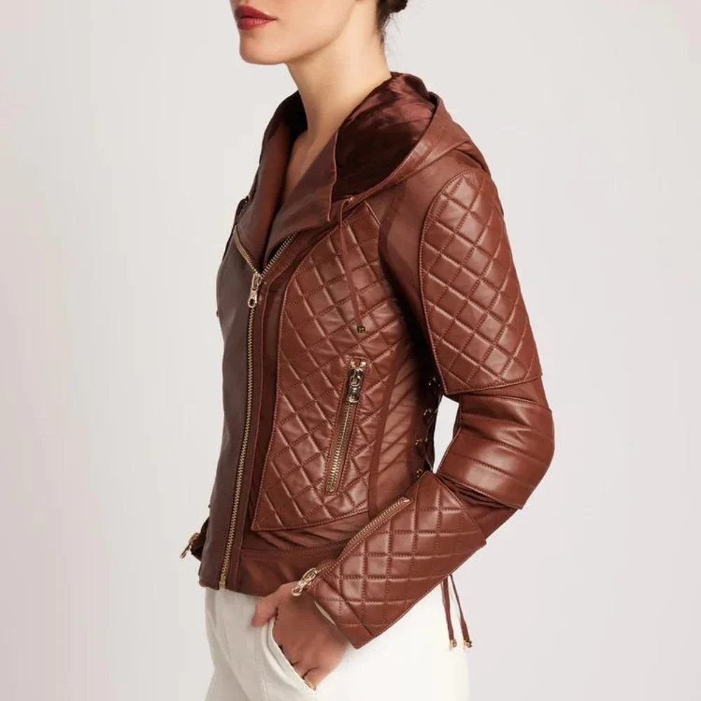 Womens Brown Moto Quilted Hooded Leather Jacket