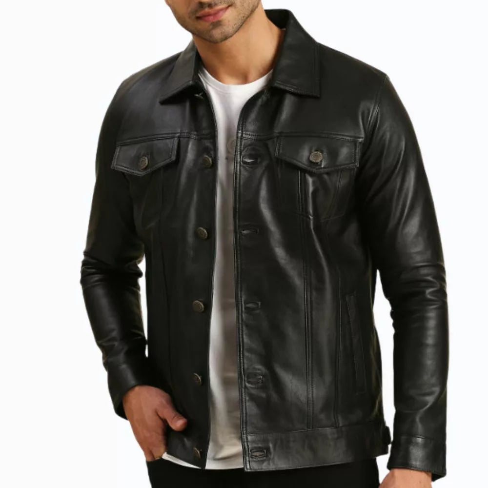 Alex Black Real Leather Trucker Jacket