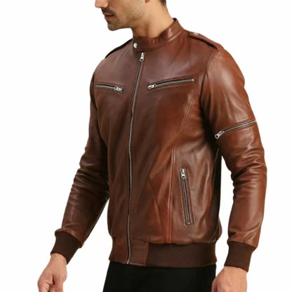 Vintage Brown Leather Bomber Jacket Mens