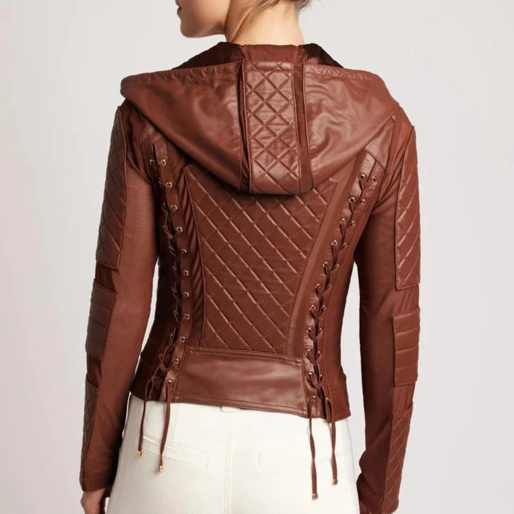 Womens Brown Moto Quilted Hooded Leather Jacket