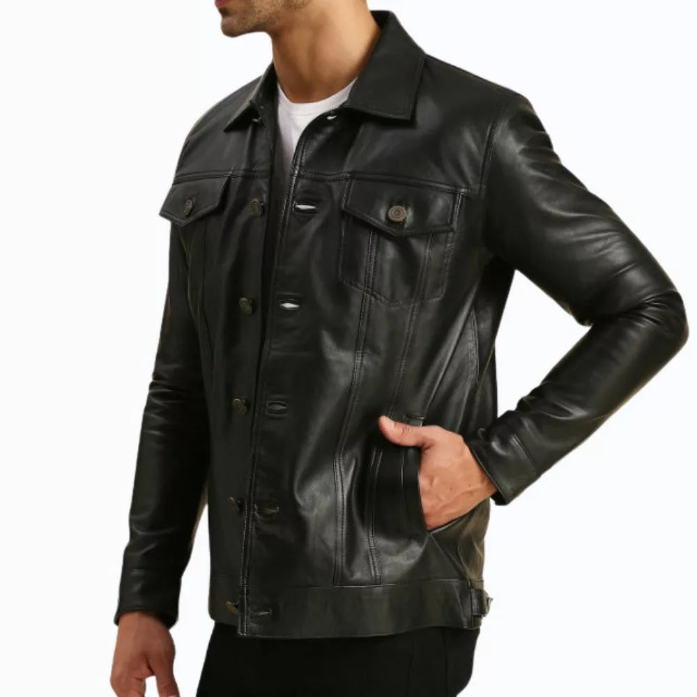 Alex Black Real Leather Trucker Jacket