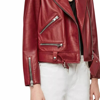 Womens Maroon Genuine Leather Asymmetrical Jacket