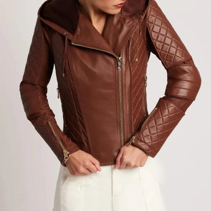 Womens Brown Moto Quilted Hooded Leather Jacket