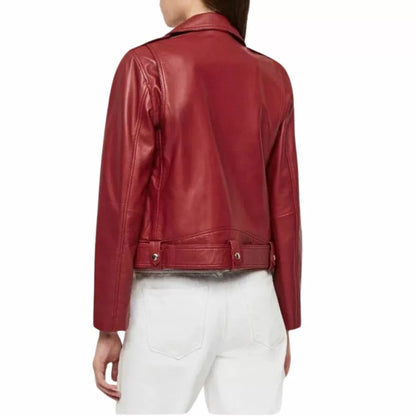 Womens Maroon Genuine Leather Asymmetrical Jacket