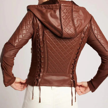 Womens Brown Moto Quilted Hooded Leather Jacket