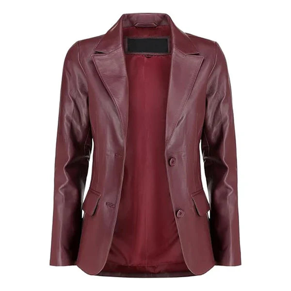 Womens Maroon Two Button Leather Blazer