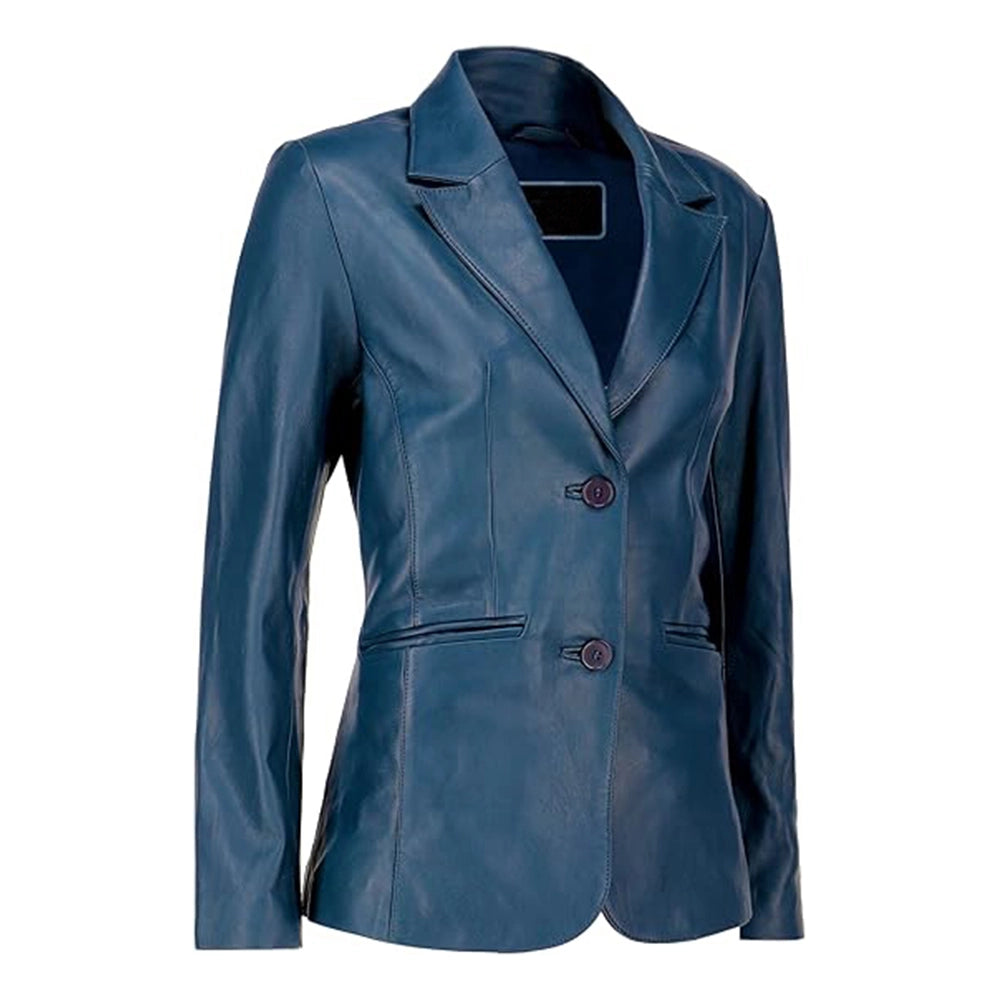 Womens Blue Two Button Leather Blazer Jacket