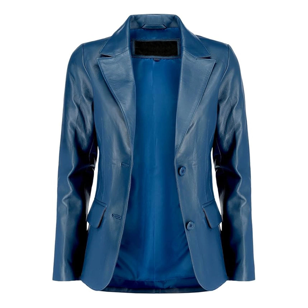 Womens Blue Two Button Leather Blazer Jacket