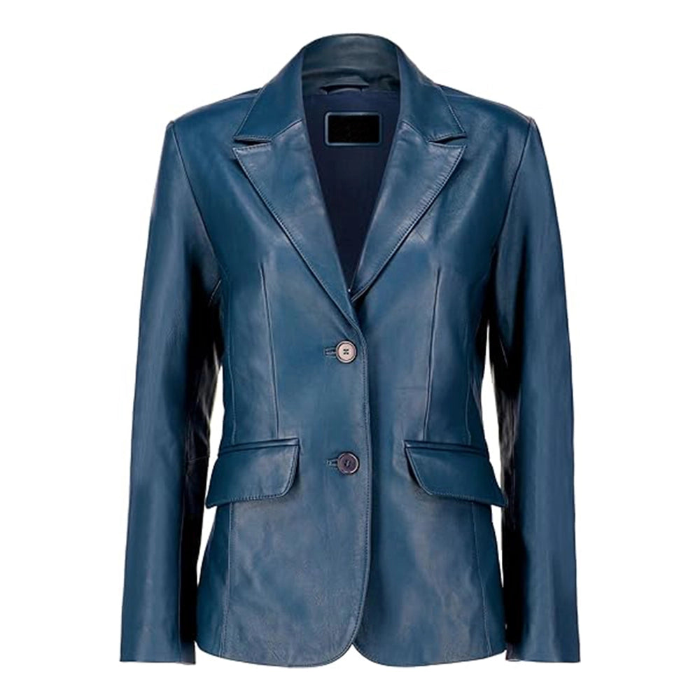 Womens Blue Two Button Leather Blazer Jacket