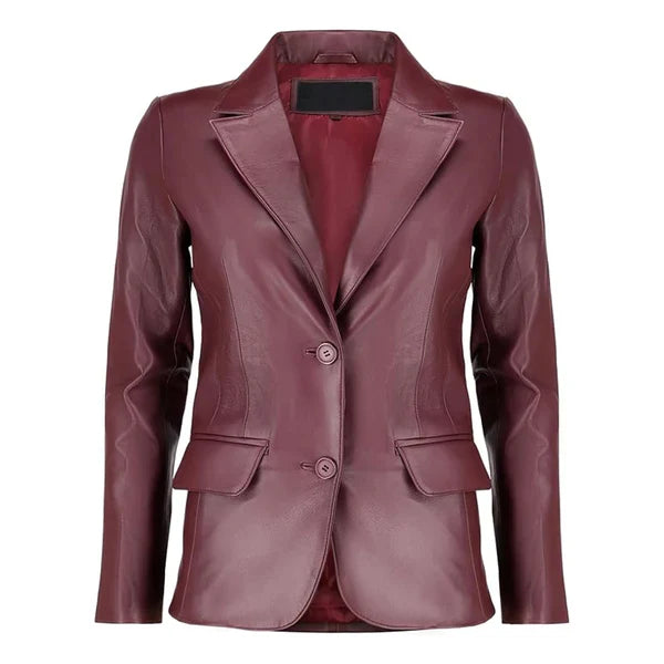 Womens Maroon Two Button Leather Blazer