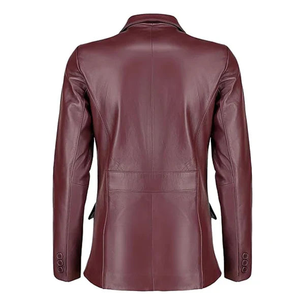 Womens Maroon Two Button Leather Blazer