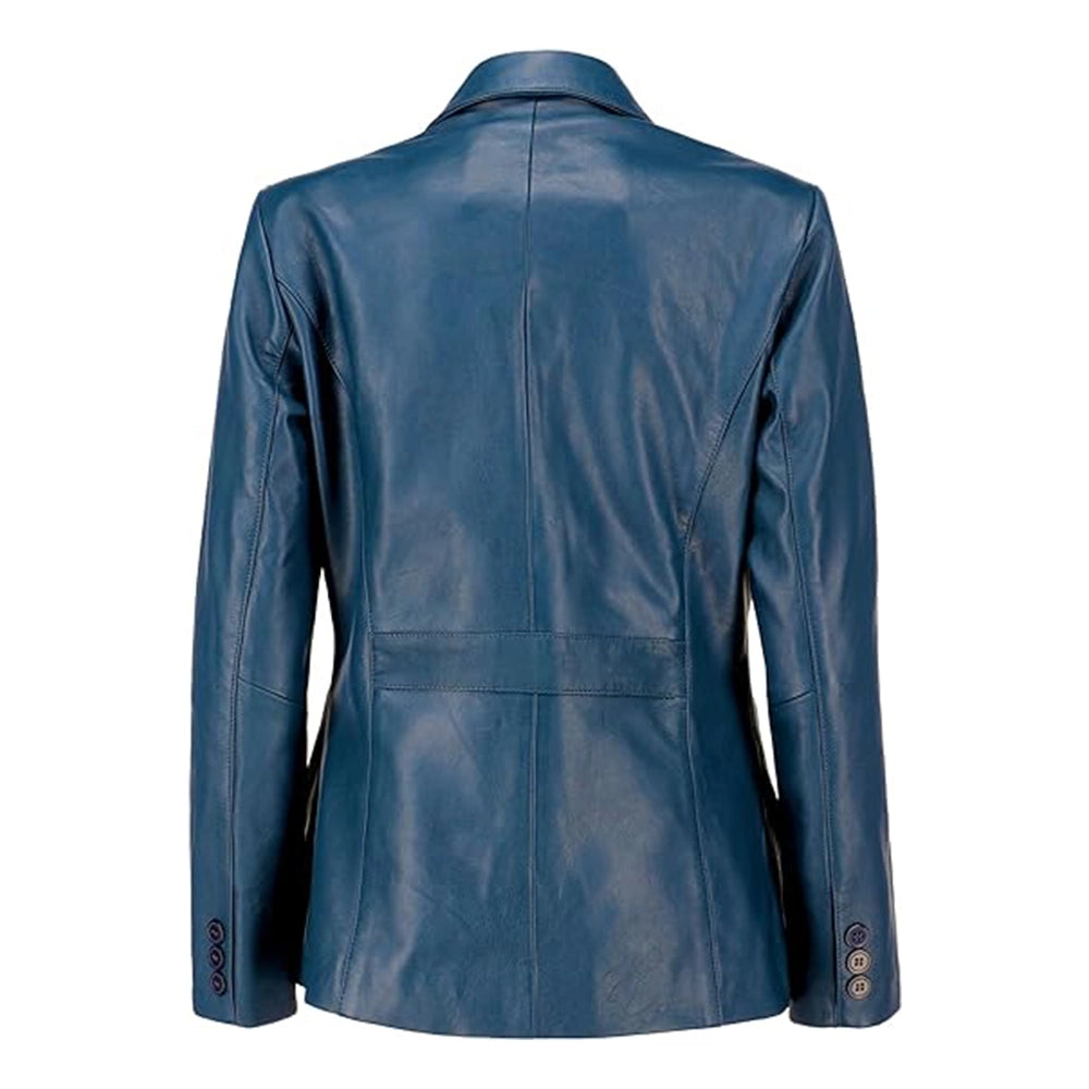 Womens Blue Two Button Leather Blazer Jacket