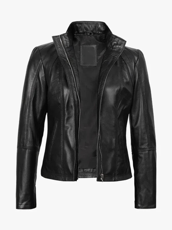 Acerra Women’s Black Genuine Leather Cafe Racer Jacket