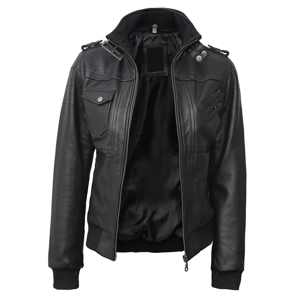 Women Hooded Black Leather Bomber Jacket