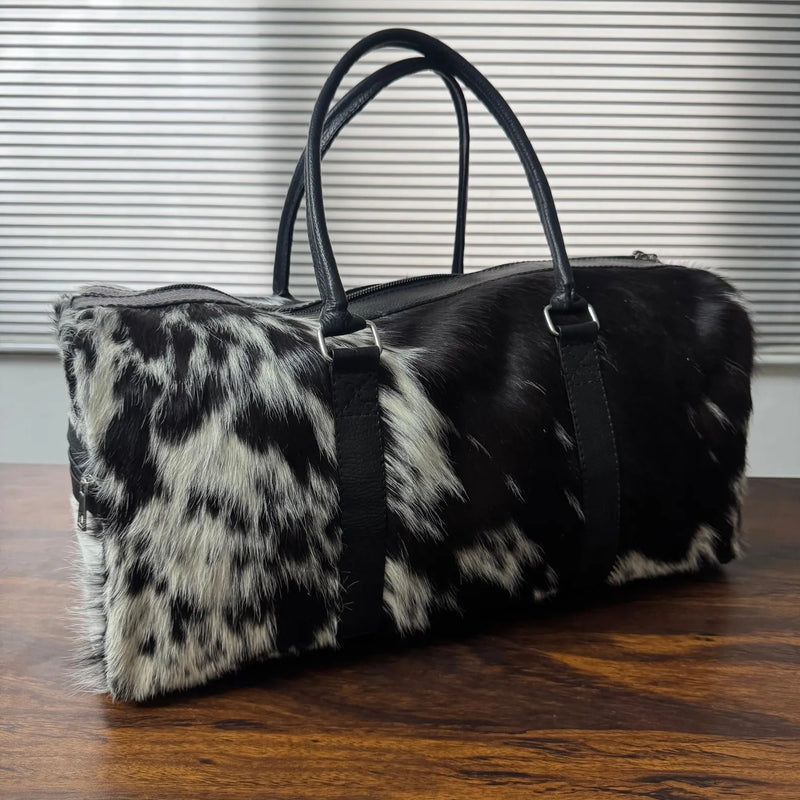 Black White Cowhide Leather Duffel Bag for Travel and Gym