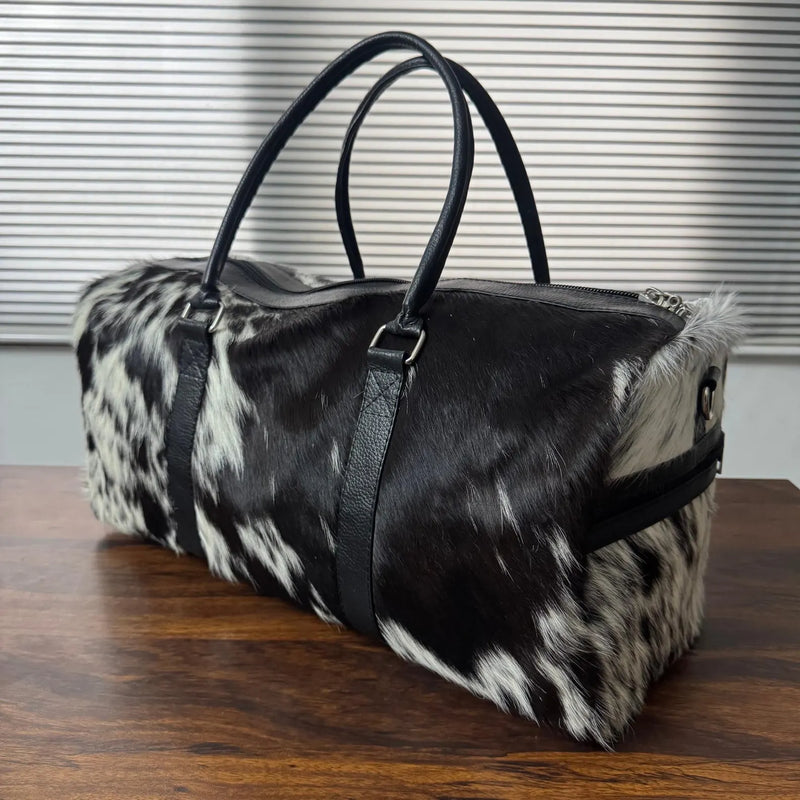 Black White Cowhide Leather Duffel Bag for Travel and Gym