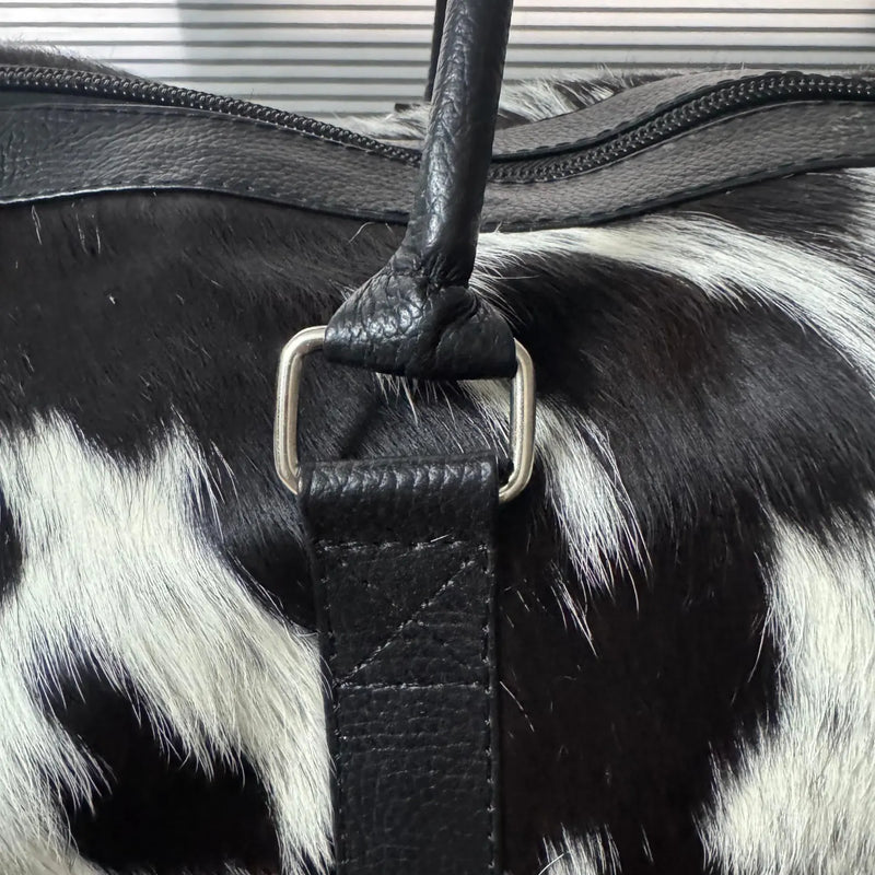 Black White Cowhide Leather Duffel Bag for Travel and Gym