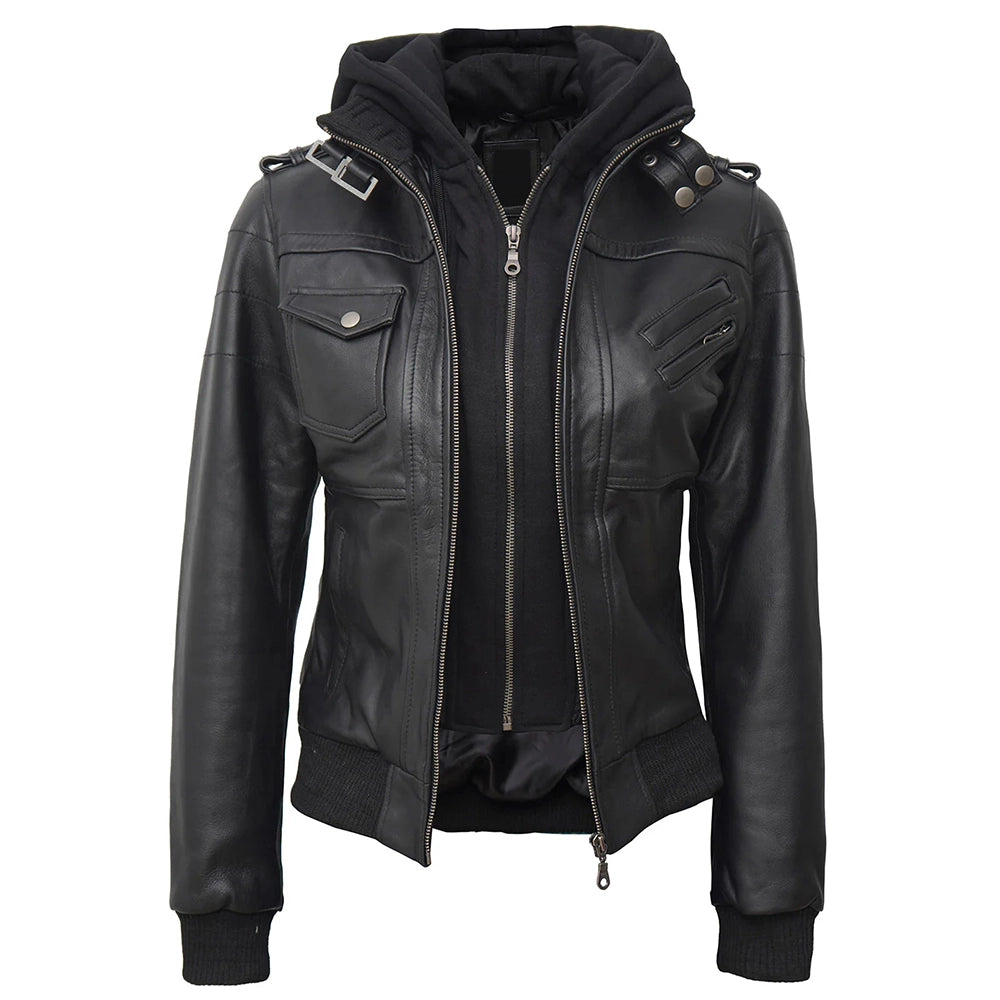 Women Hooded Black Leather Bomber Jacket