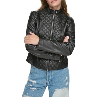 Womens Black Diamond Quilted Leather Jacket