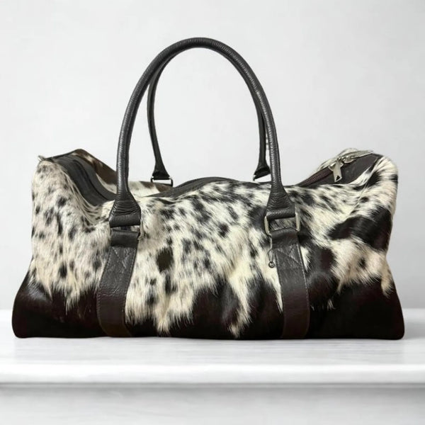 Handmade Black White Cowhide Leather Weekender Travel Bag