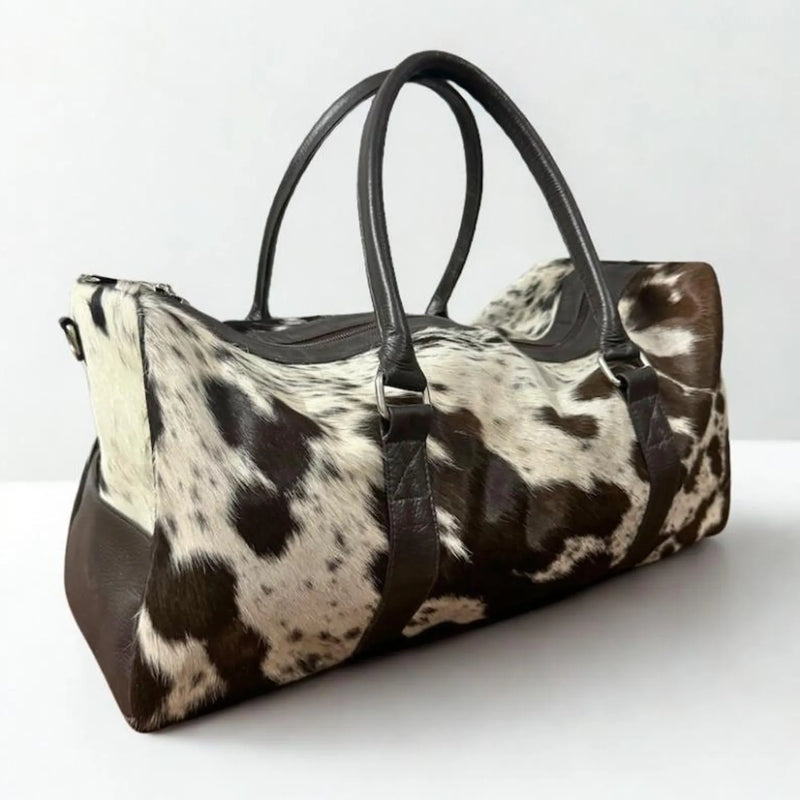 Handmade Black White Cowhide Leather Weekender Travel Bag