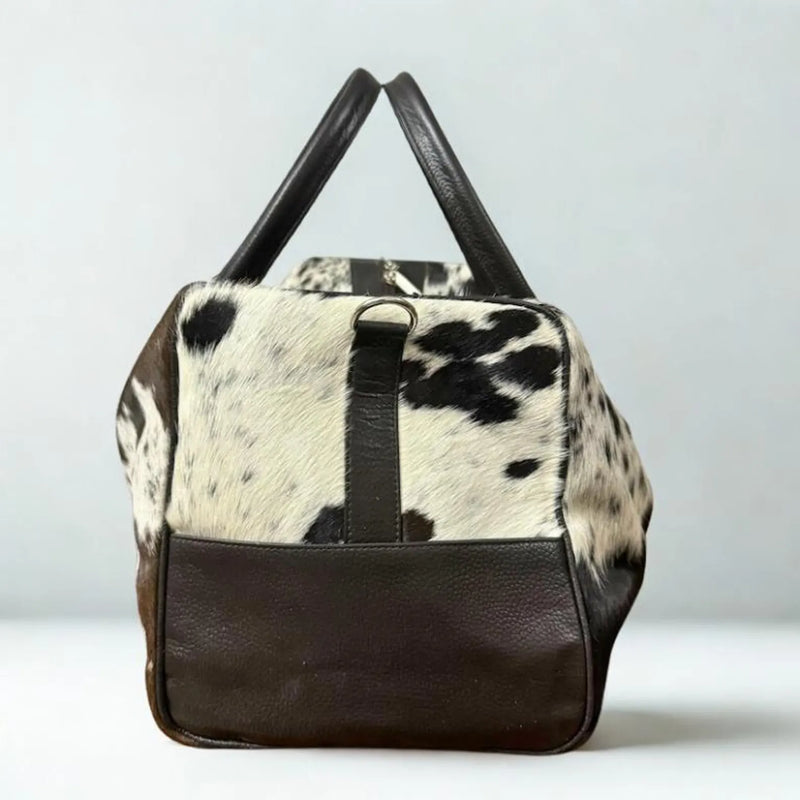 Handmade Black White Cowhide Leather Weekender Travel Bag