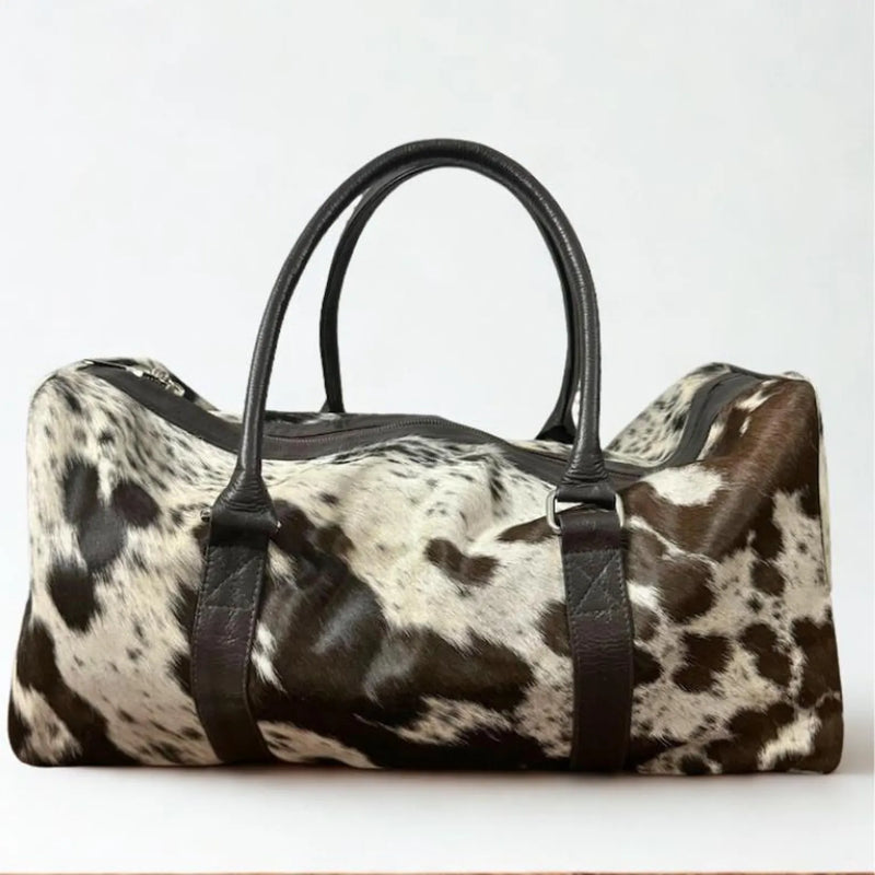 Handmade Black White Cowhide Leather Weekender Travel Bag