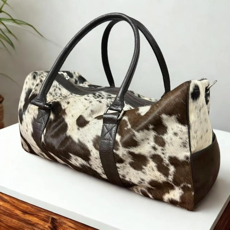 Handmade Black White Cowhide Leather Weekender Travel Bag