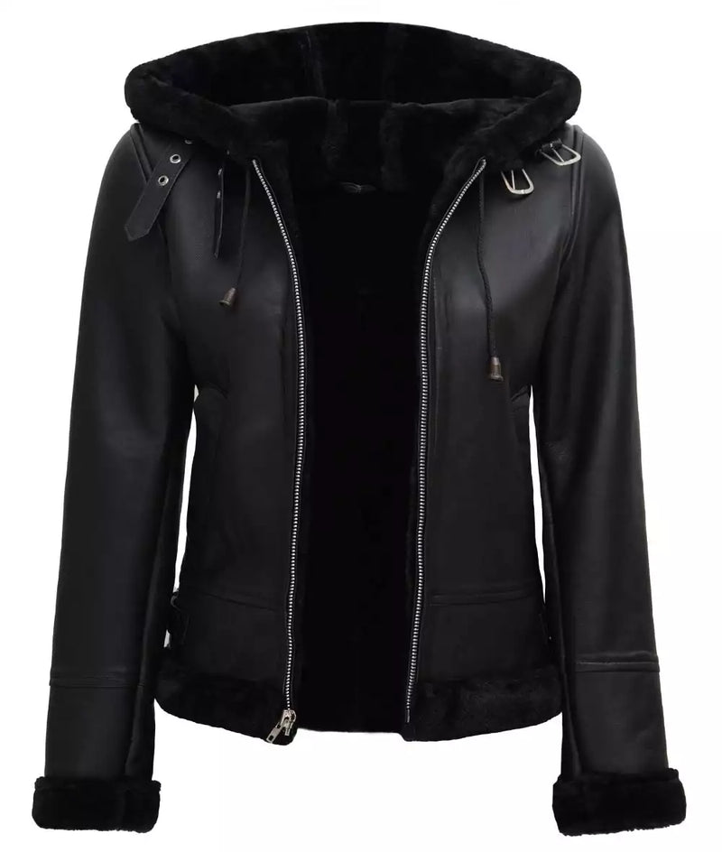 Womens Black Hooded Real Shearling Leather Jacket