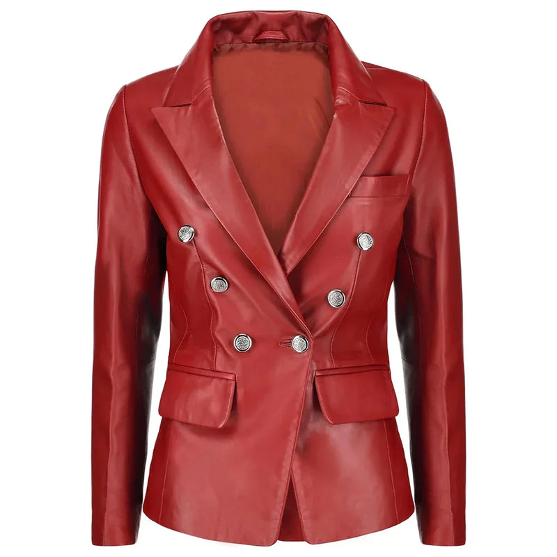 Double Breasted Red Leather Blazer Ladies Choice
