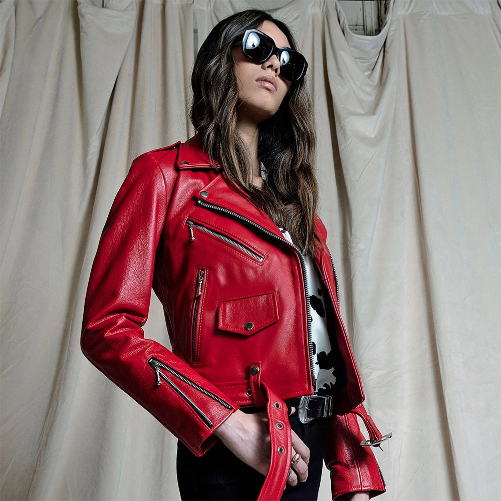 Maria Red Leather Moto Jacket