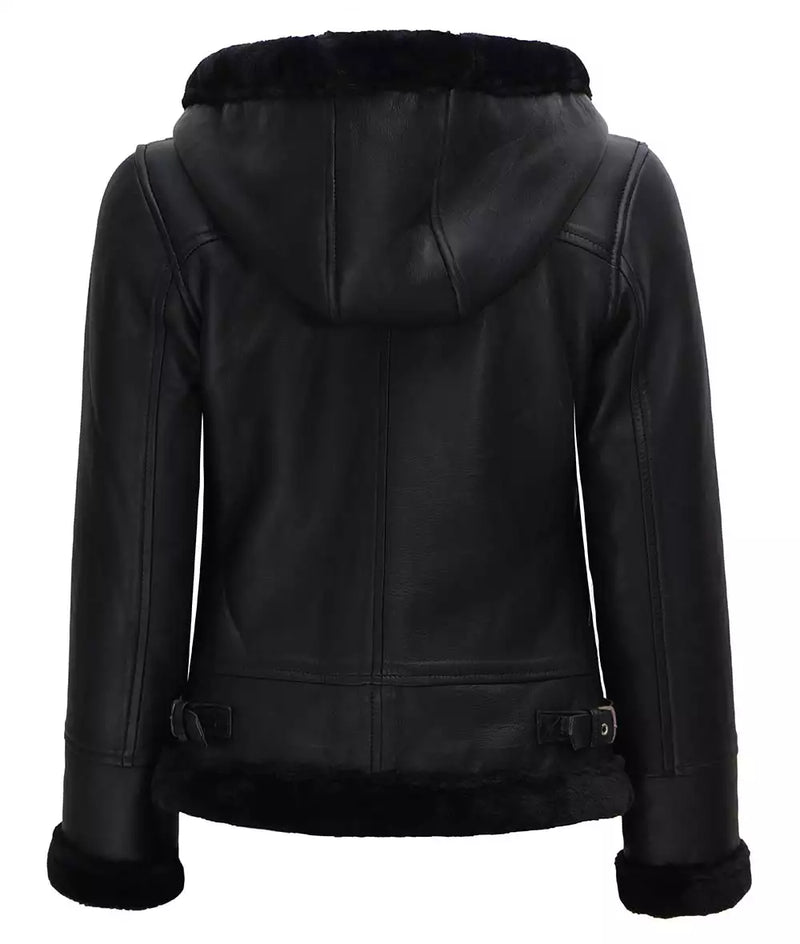 Womens Black Hooded Real Shearling Leather Jacket