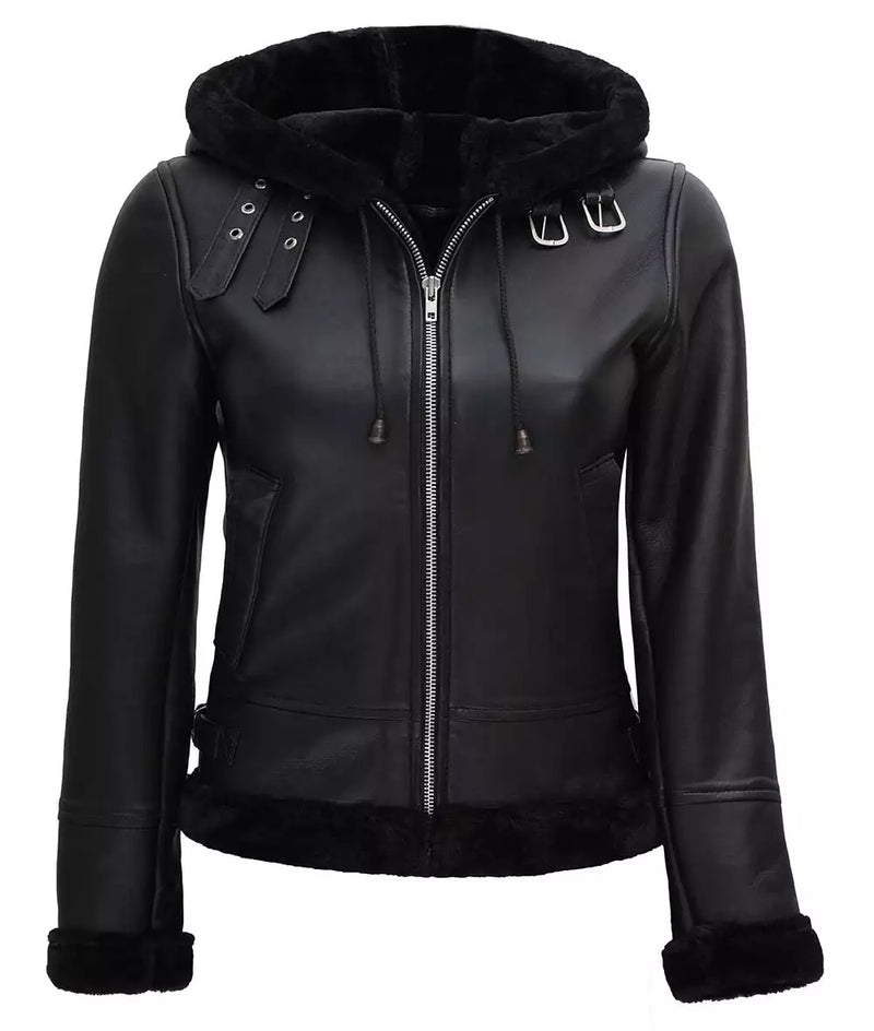 Womens Black Hooded Real Shearling Leather Jacket