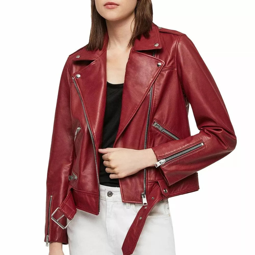 Womens Maroon Genuine Leather Asymmetrical Jacket