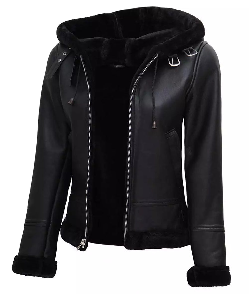 Womens Black Hooded Real Shearling Leather Jacket