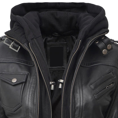 Women Hooded Black Leather Bomber Jacket