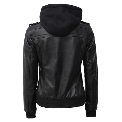 Women Hooded Black Leather Bomber Jacket