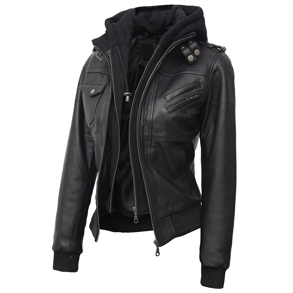 Women Hooded Black Leather Bomber Jacket