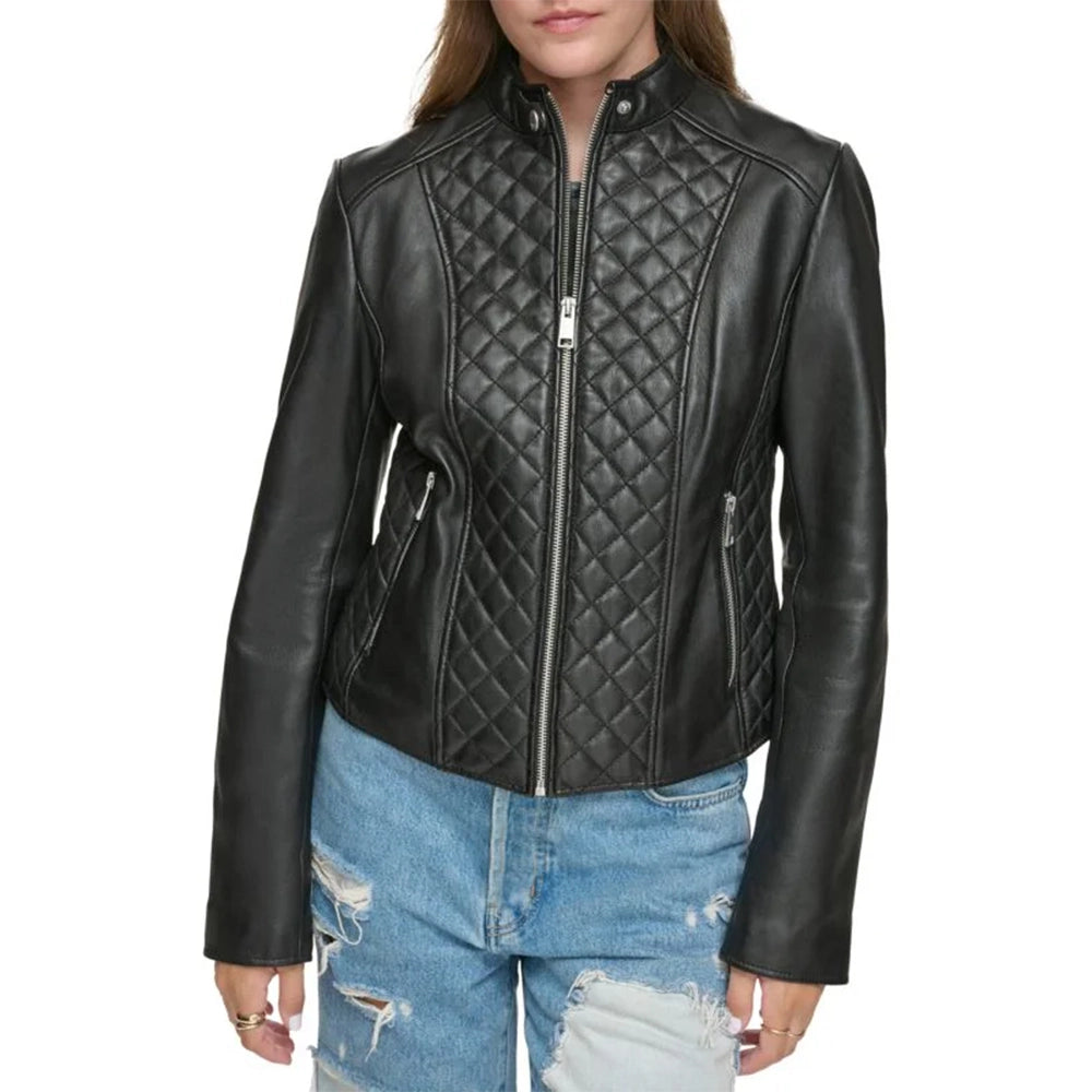 Womens Black Diamond Quilted Leather Jacket