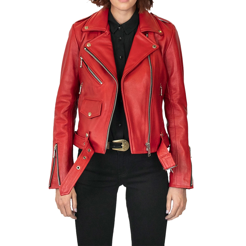 Maria Red Leather Moto Jacket