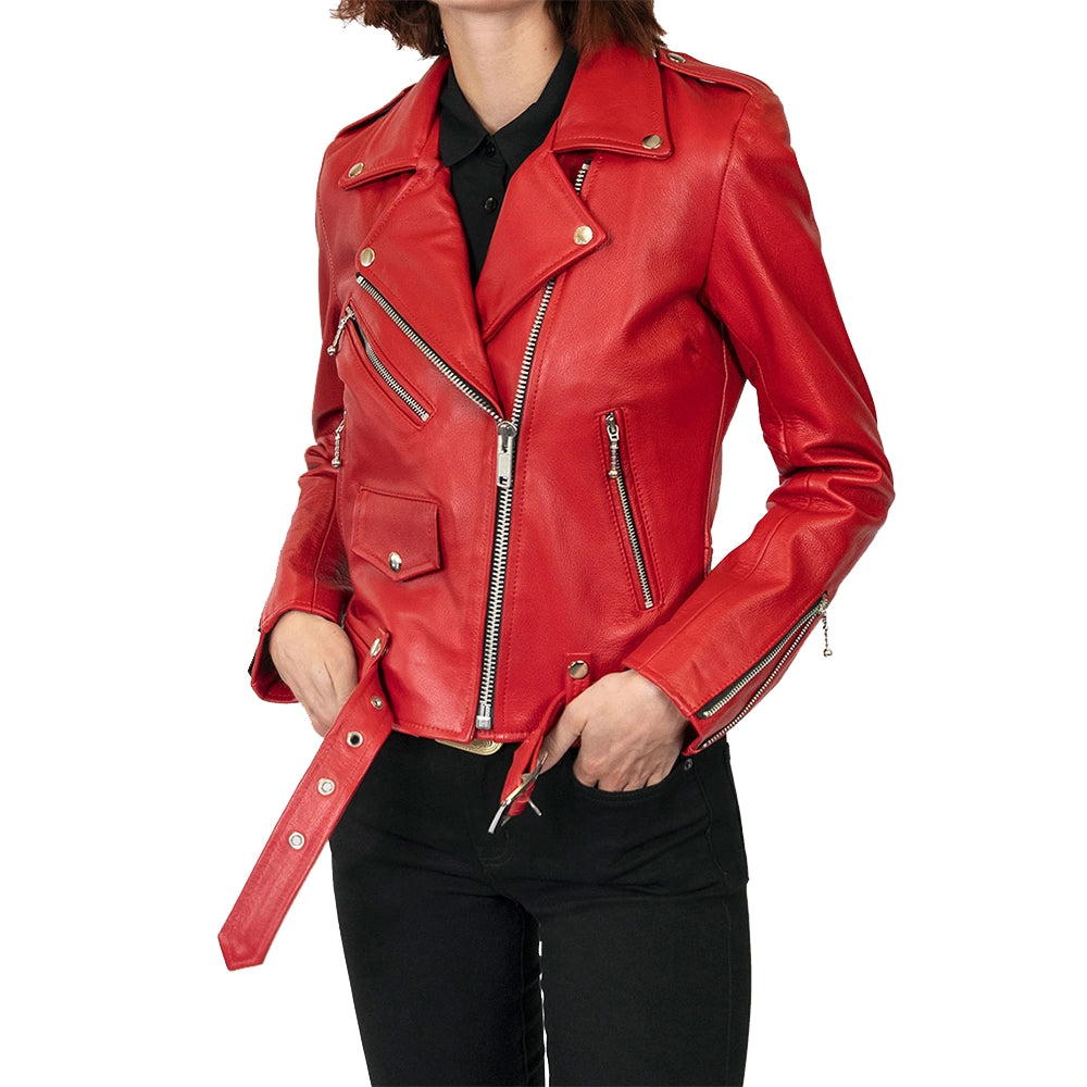 Maria Red Leather Moto Jacket